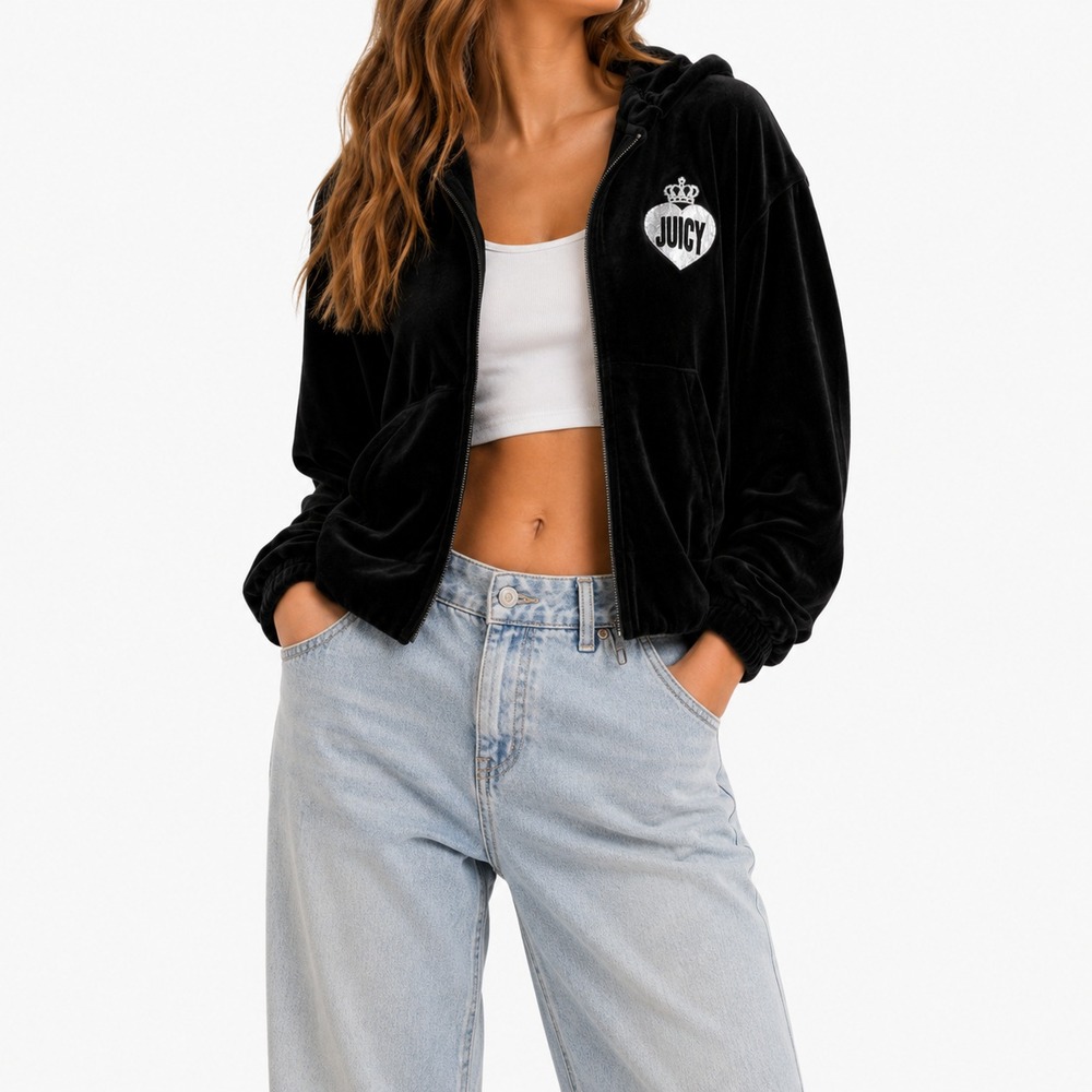 Juicy Couture Hoodie Women's M Black Velour Rhinestone Heart Full Zip McBling